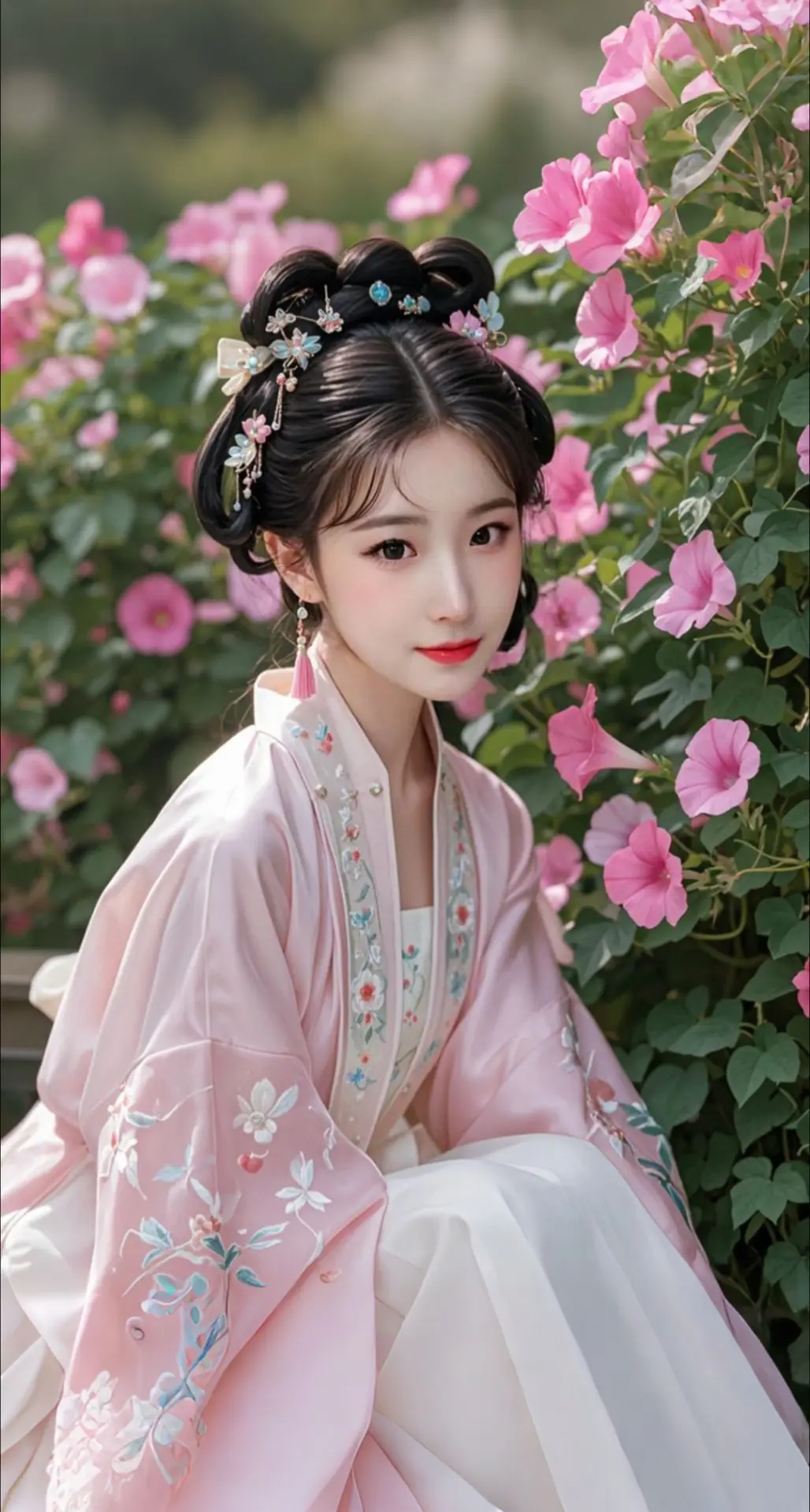 AI扩图 粉蔷雅韵少女