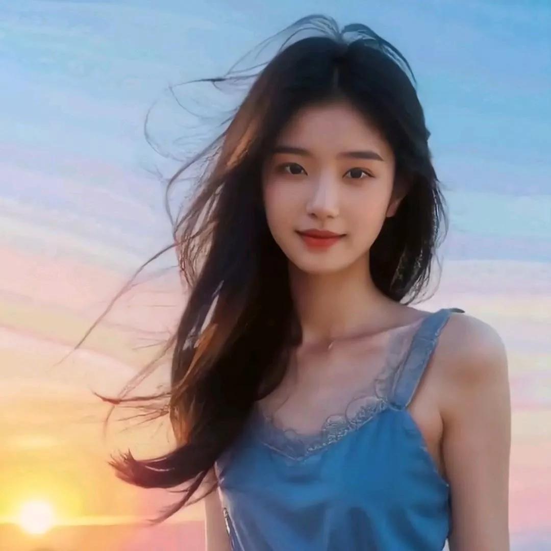 夕阳下的温柔少女，微风轻拂发梢，浪漫至极！湖边温柔少女 湖边夕阳美女 江边日落少