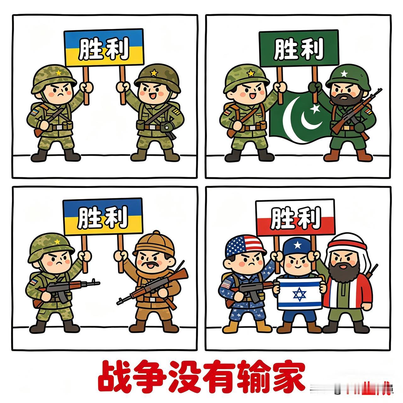 【战争没有“输家”】
俄乌冲突，俄罗斯说赢了，乌克兰也说赢了。
印巴空战，巴基斯