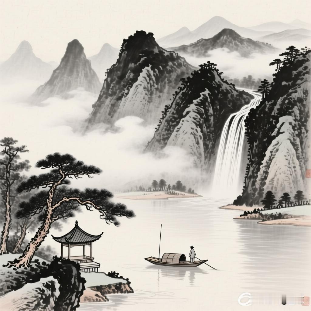 山高水远，云雾绕孤舟。