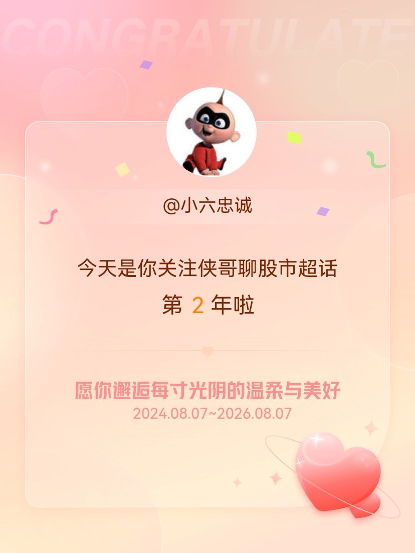 侠哥聊股市今天是我关注超话的第2年，希望你的生活如晨曦般明媚温暖～ 