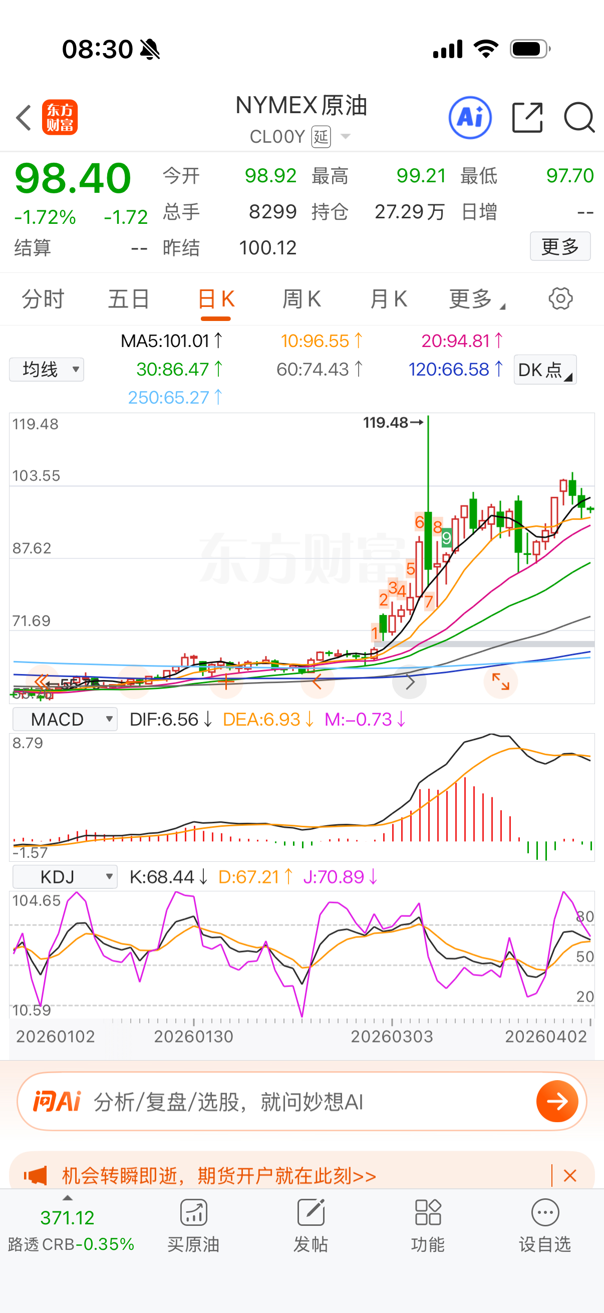 油继续跌，准备掏点过夜费吧。 