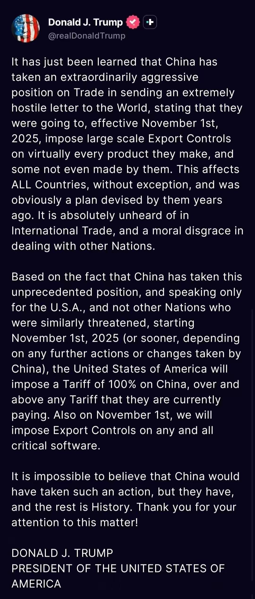 特朗普昨天发飙了[发怒]

美国总统特朗普在社交媒体发表强硬言论，威胁对中国商品