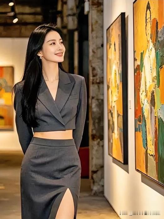 灰调西装套装修身干练，置身艺术画廊，目光游走色彩间，知性与美学悄然共鸣。