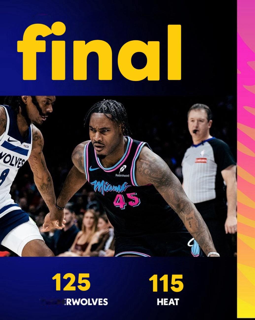 1月14日NBA常规赛战报（8场）：

森林狼125-115热火
76人-尼克斯