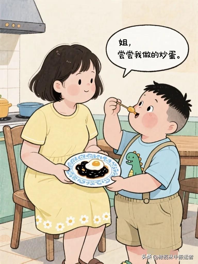 搞笑漫画：弟弟第一次做饭：“姐尝尝我做的炒蛋。” 姐姐用筷子戳了戳：“这确定是蛋