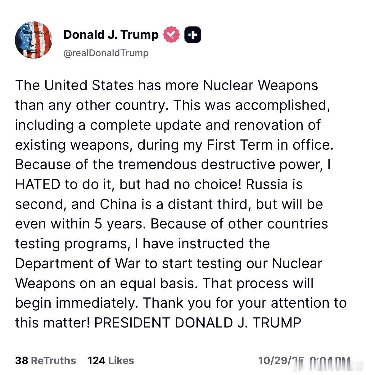 特朗普已下令立即重启美国核试验 特朗普刚刚炫耀美国核武器数量世界第一，俄罗斯第二