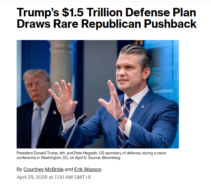 特朗普的1500000000000美元军费方案目前遇到了一点小小的障碍——国会共