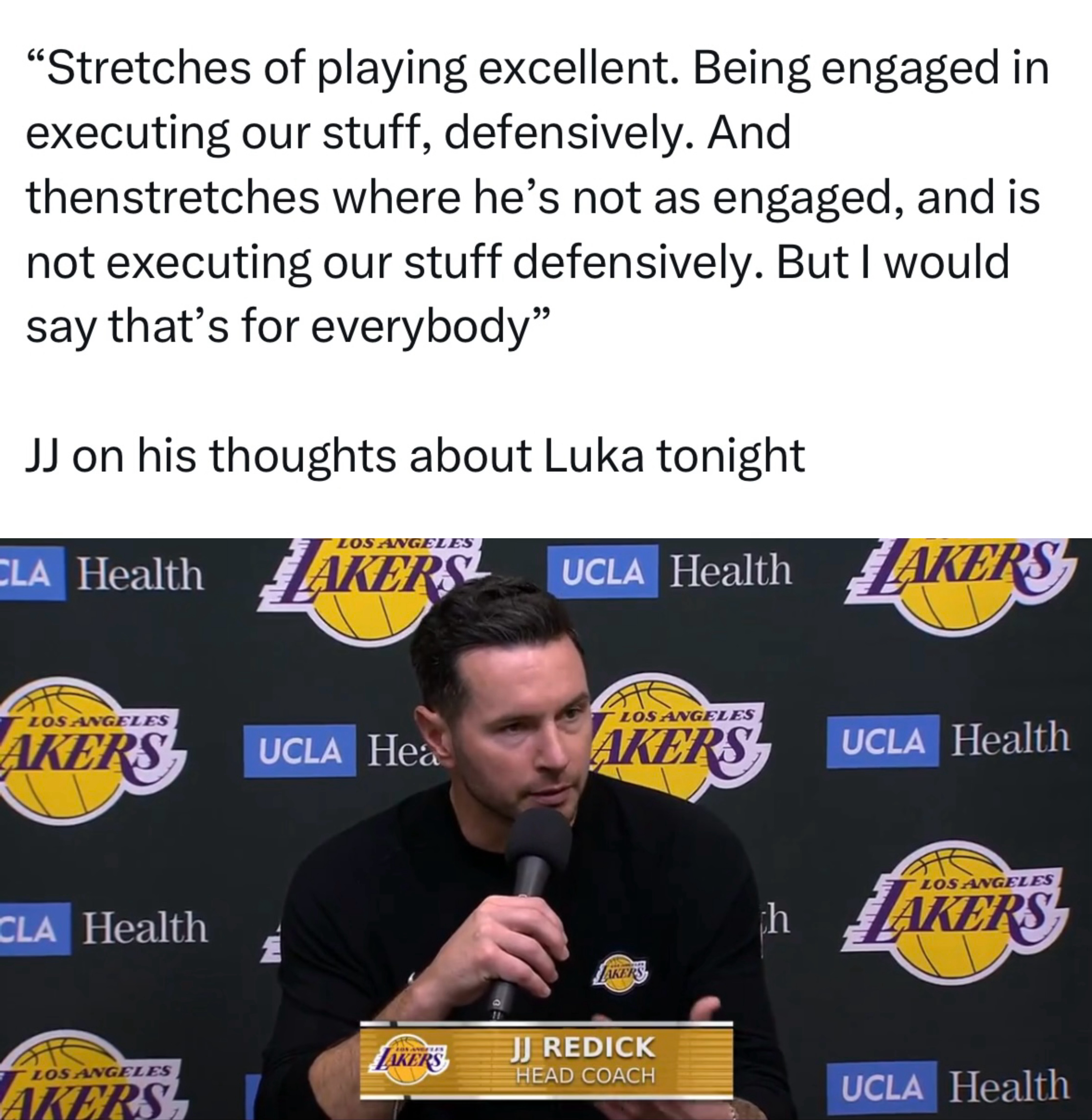 雷迪克谈及他对东契奇今晚表现的看法时表示：“他在有些时间段里打得极其出色，防守端