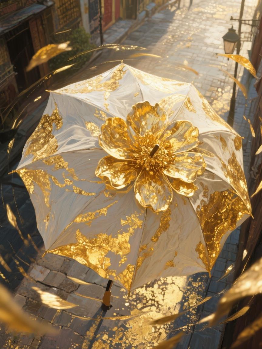 AI妙生图金伞立于巷间，似时光精灵，碎片纷飞，在平凡处绽放别样诗意，引人遐思不已