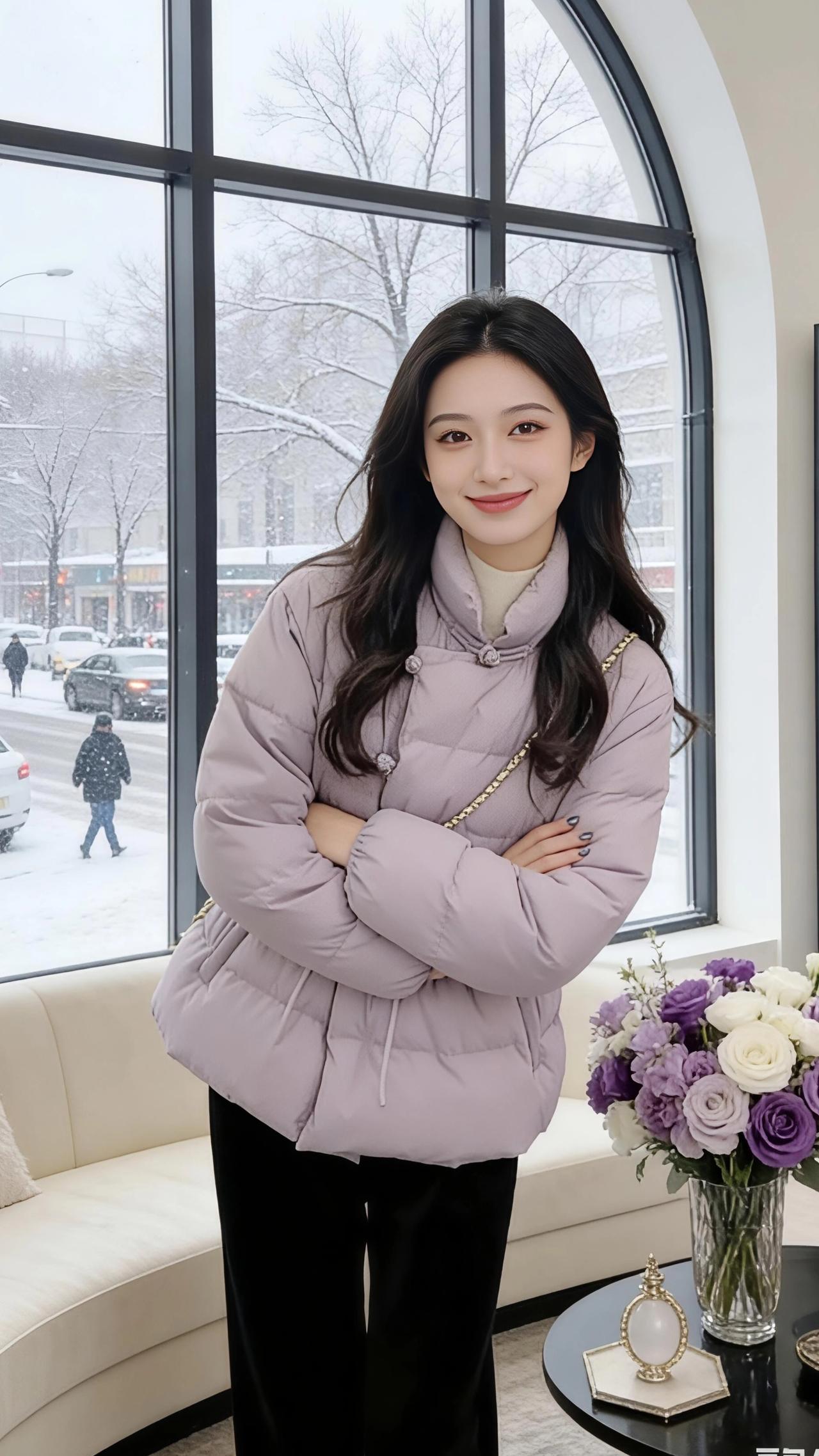 窗畔的雪意
 
落地窗前的紫调羽绒服，像揉碎了的淡紫晚霞，坠在冬日的风里。我倚着