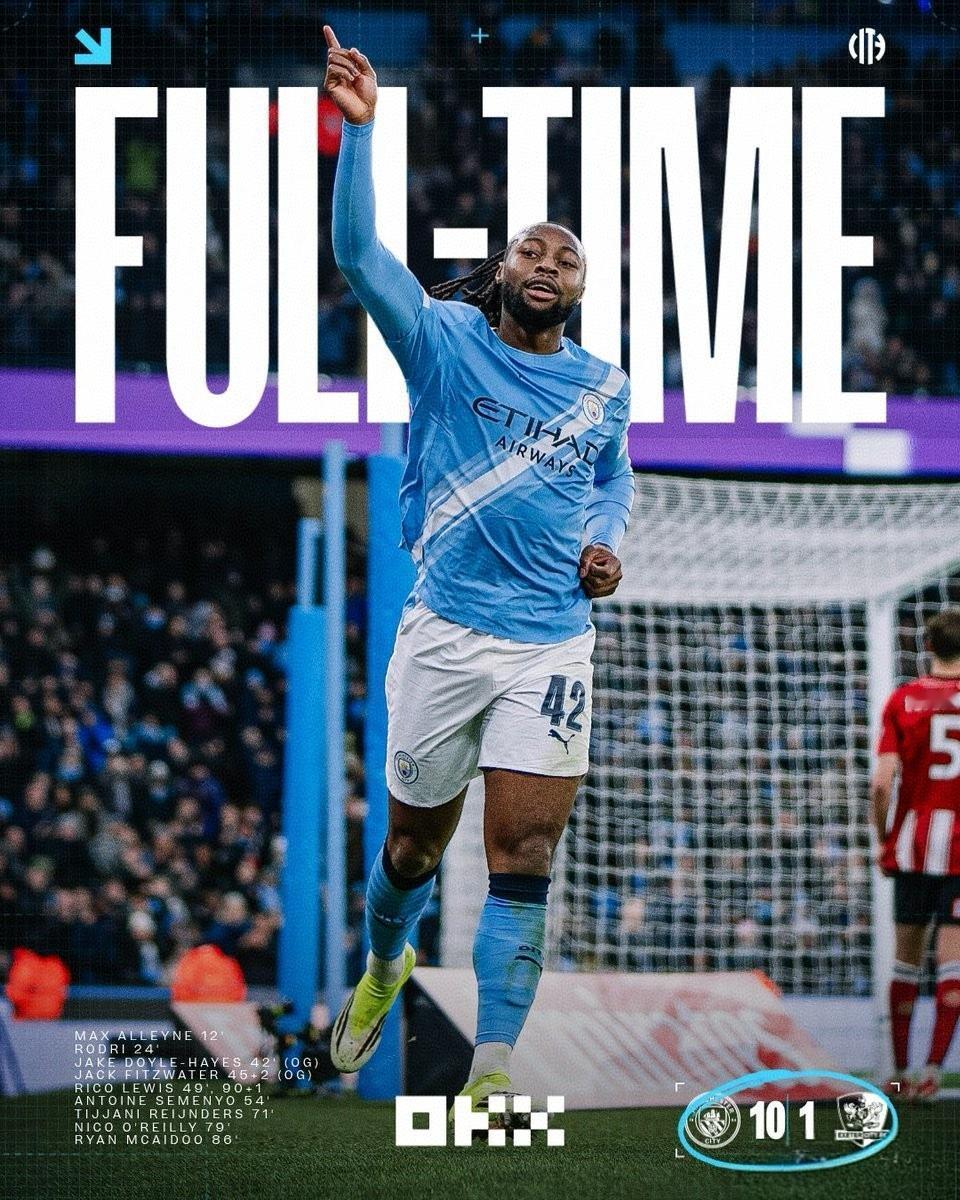 尽管后防线多名主力受伤，但面对英甲球队埃克塞特城，曼城还是创造了足总杯历史上最大