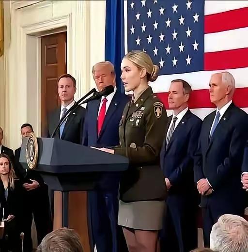 这女军官一上台，特朗普连装都懒得装了。
​​她在台上发言，声音清脆。台下的他，身