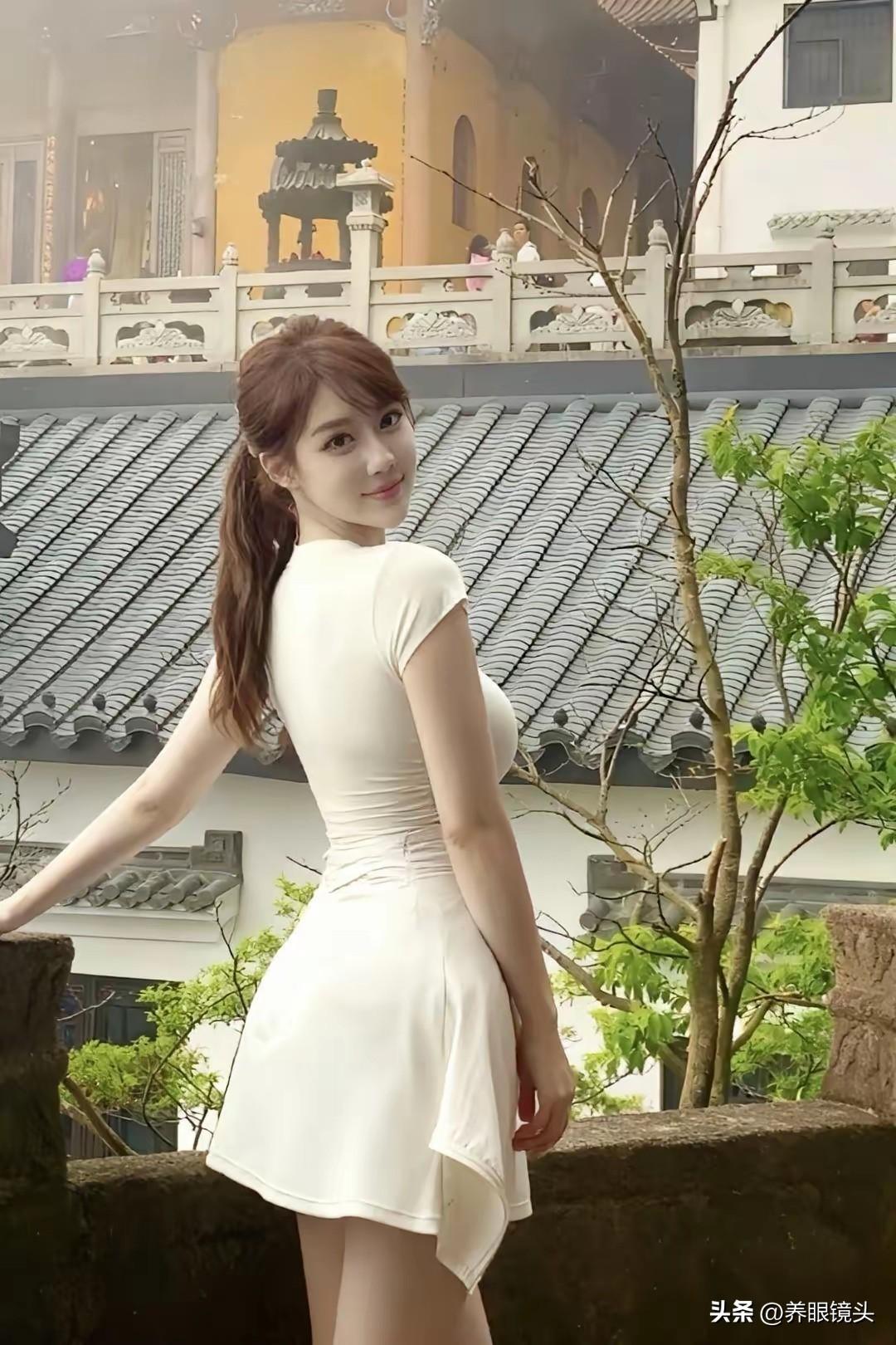 在古风建筑前，少女轻倚栏杆，笑靥如花。