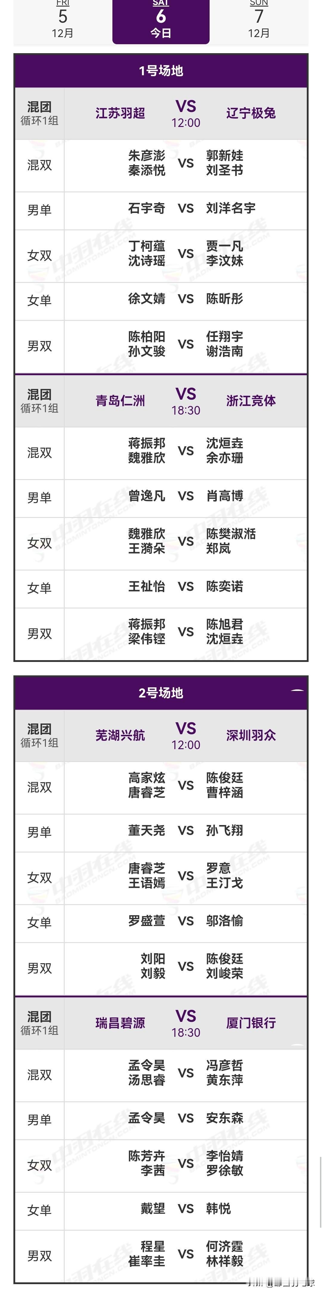 12月6日中国羽毛球俱乐部超级联赛赛程安排

今日混团循环赛继续进行。白天场于1