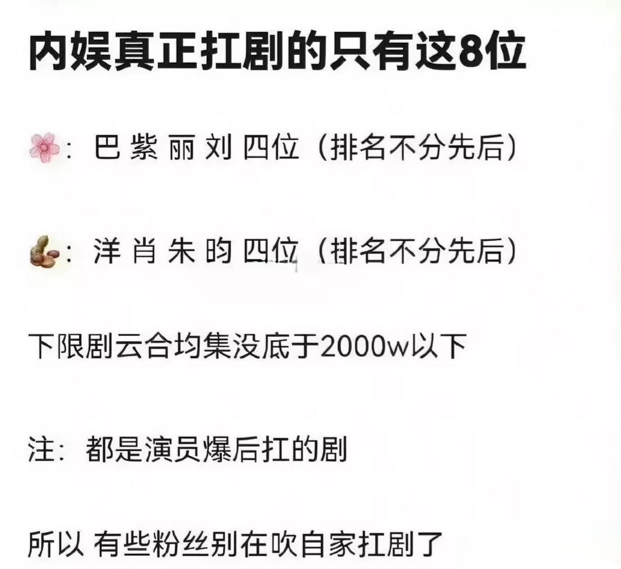 有网友说内娱真正扛剧的只有8位
女明星：迪丽热巴、杨紫、赵丽颖、刘亦菲 
男明星