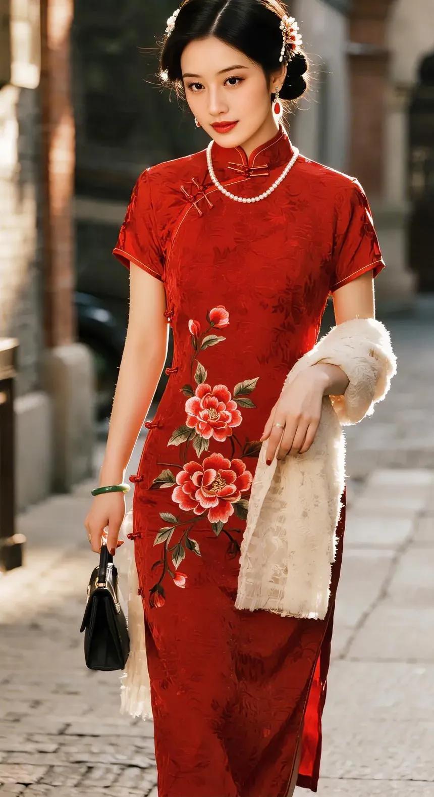 红砖老巷里，一袭朱红旗袍裹住东方韵味。牡丹刺绣在暗纹面料上舒展，珍珠项链衬得脖颈