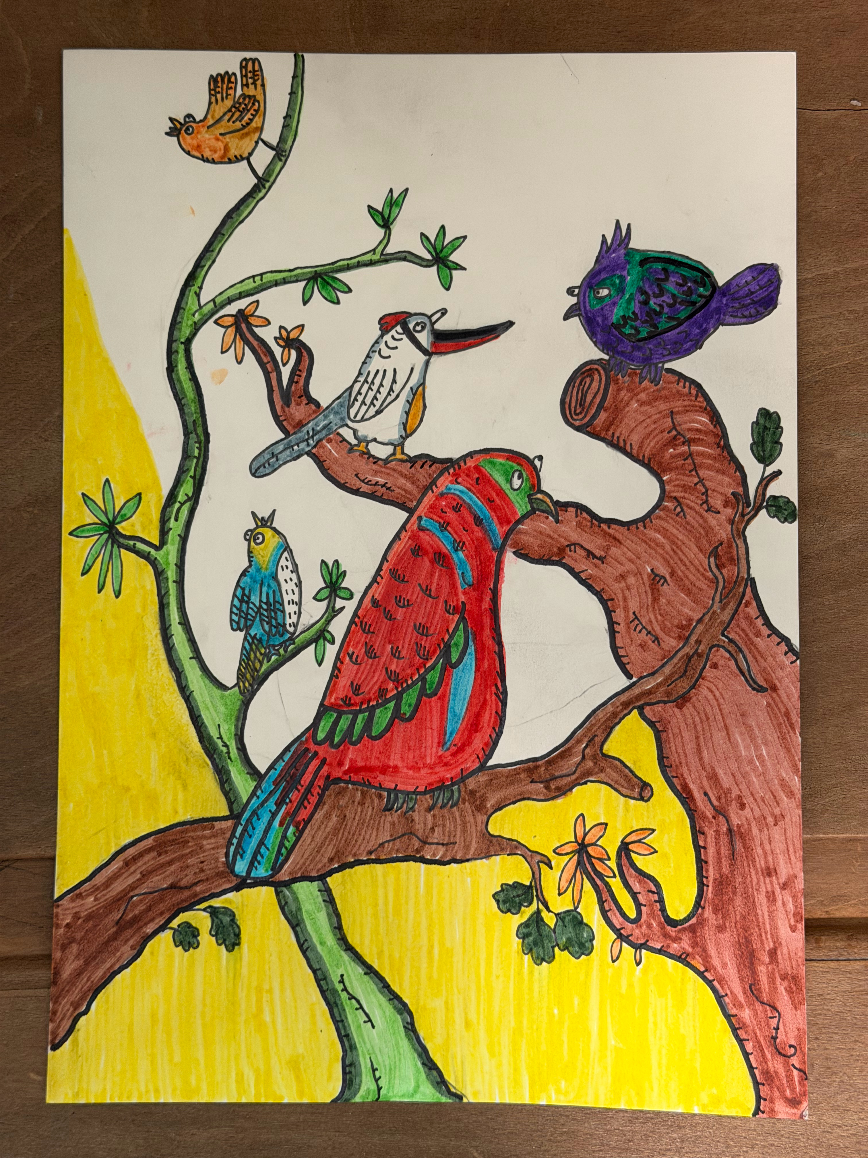 早上鸟画了一半去医院了，回来后接着画，一会儿完成了。小添画画