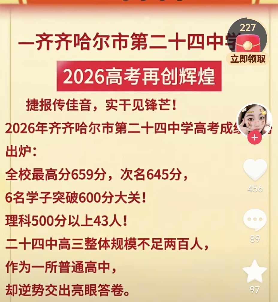 再次刷到，“偏安一隅”的齐齐哈尔第二十四中学，献出亮眼的高考喜报～

它地处远离