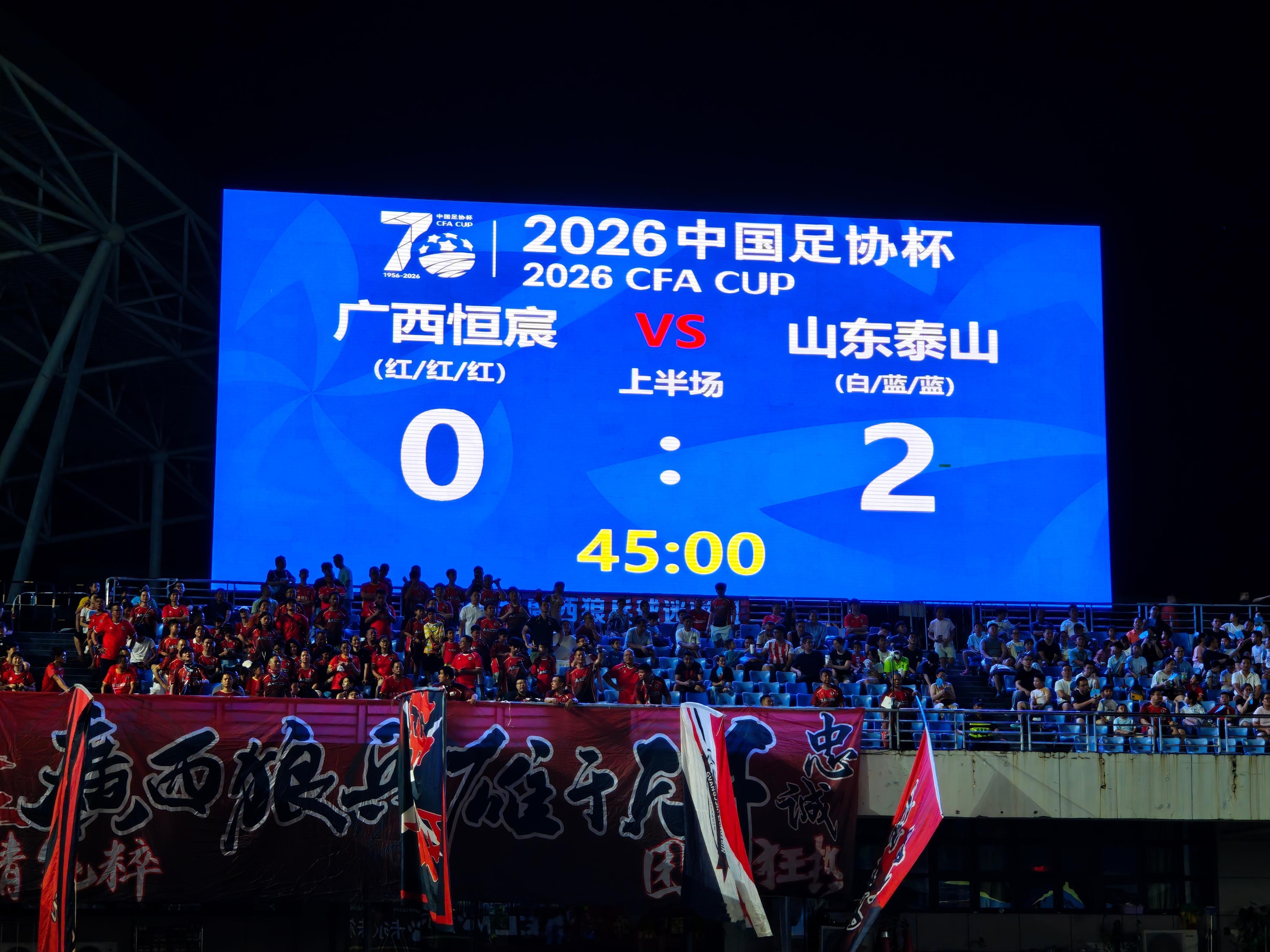 上半场比赛结束，泰山队客场2-0广西恒宸。 