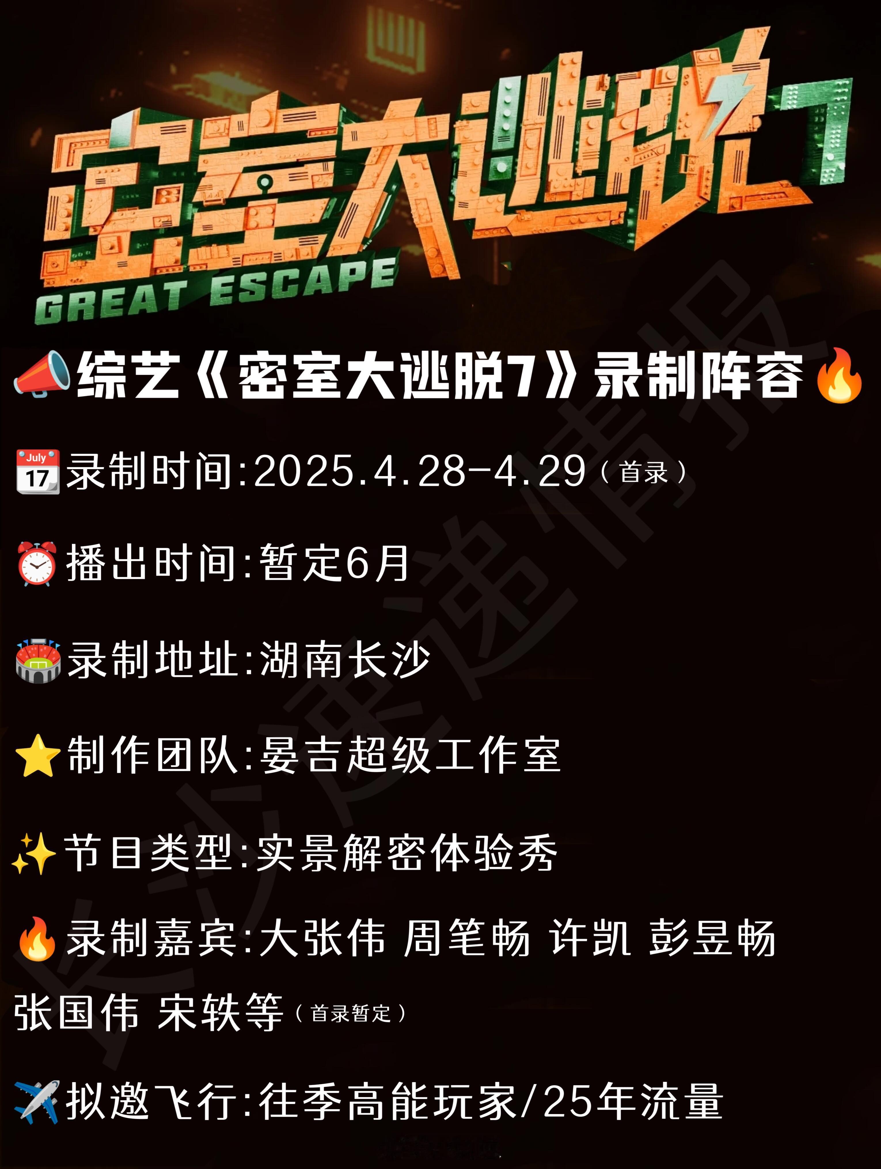 📣综艺《密室大逃脱7》录制阵容‼️📣综艺《密室大逃脱7》录制阵容‼️📆录制