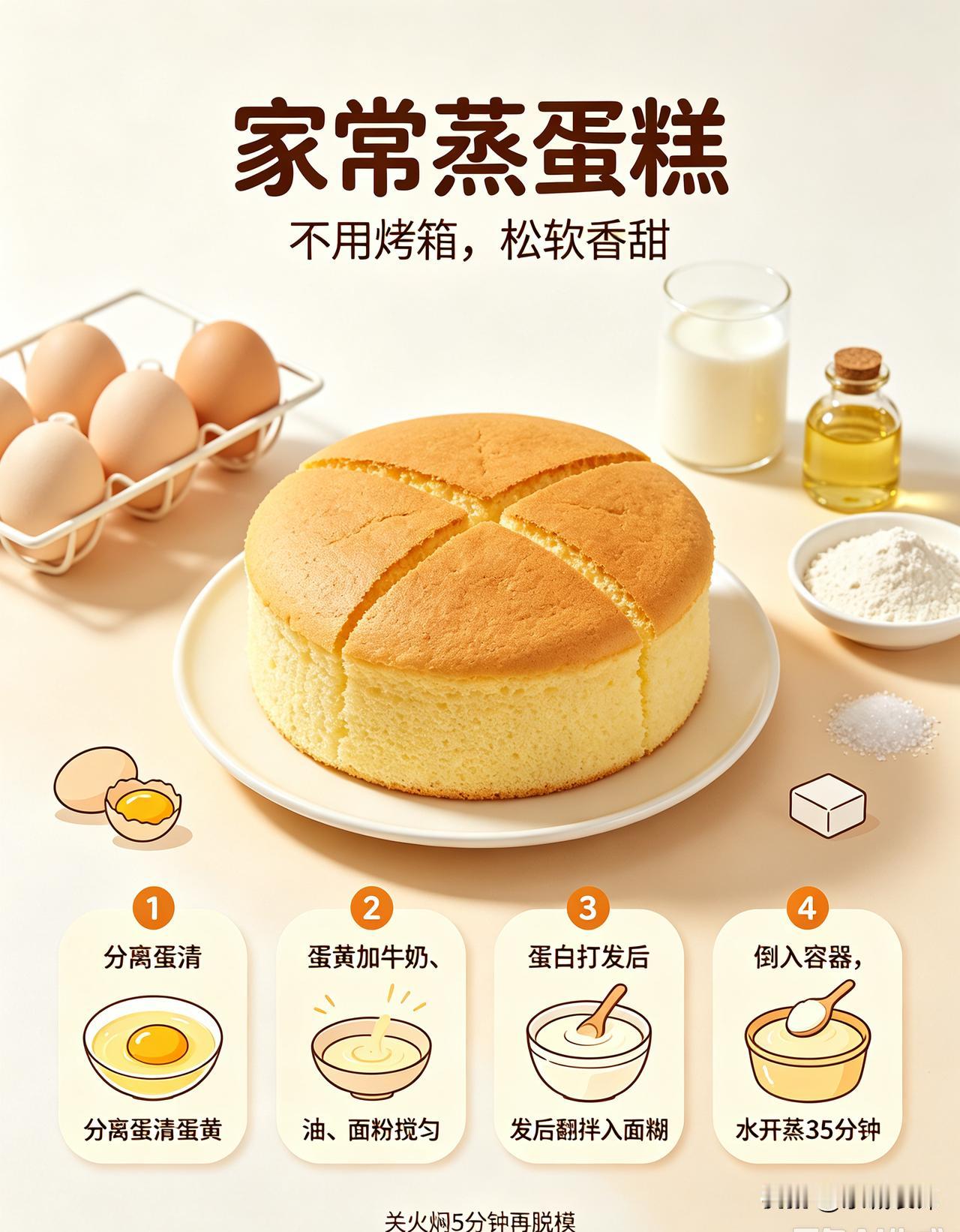 不用烤箱也能做。鸡蛋3个，蛋清蛋黄分离，蛋黄加3勺牛奶、2勺食用油搅匀，筛入4勺