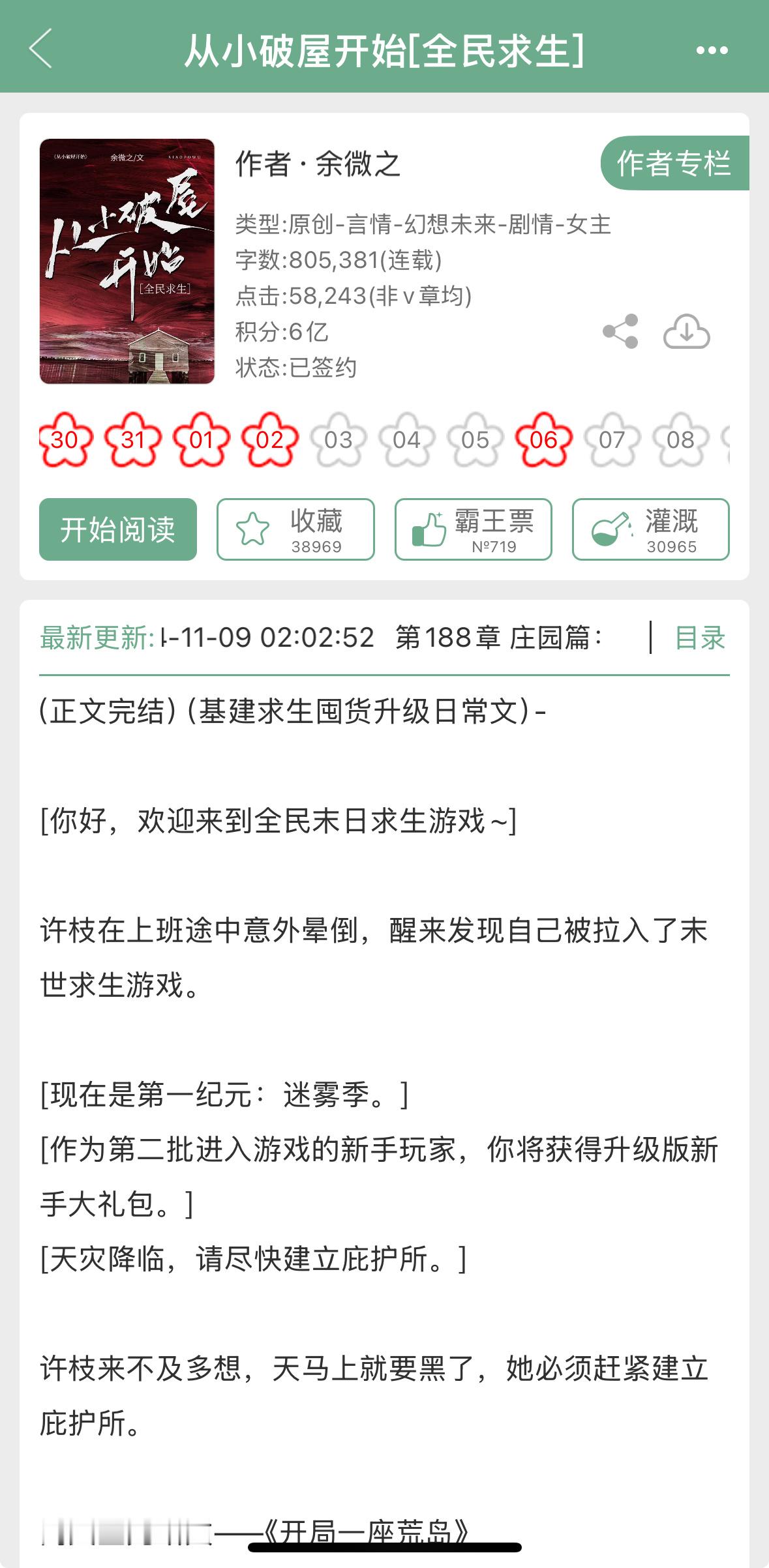 余微之的《从小破屋开始[全民求生]》完结啦，末世+基建，看过的姐妹来反馈一下~ 