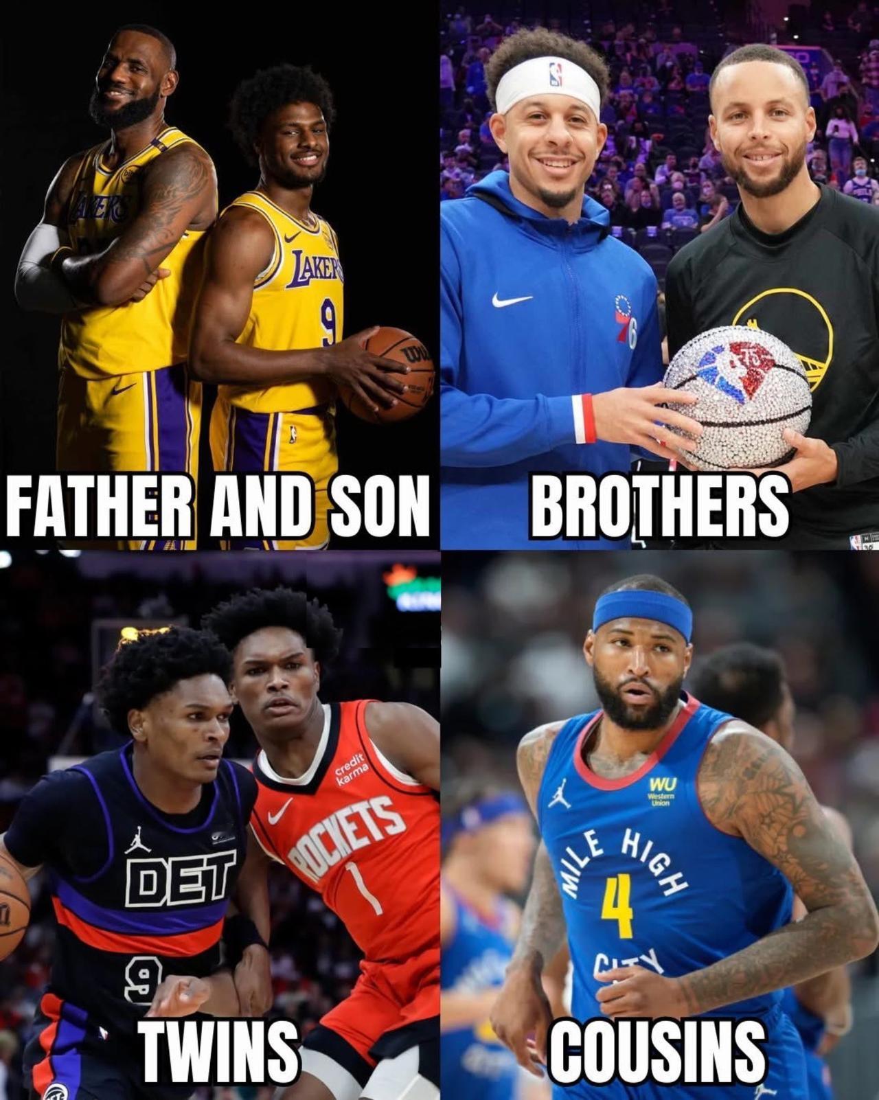 NBA现役球员有亲戚关系的如下。
有父子俩的詹姆斯，有兄弟俩的库里，有双胞胎的汤
