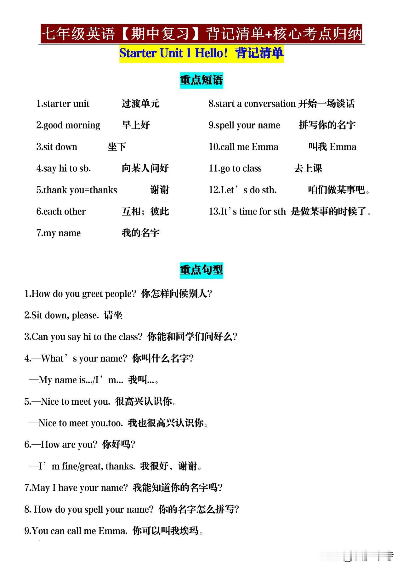 期中考英语有救啦！《七年级英语期中考试核心知识点梳理，掌握它，考试轻松多拿20分