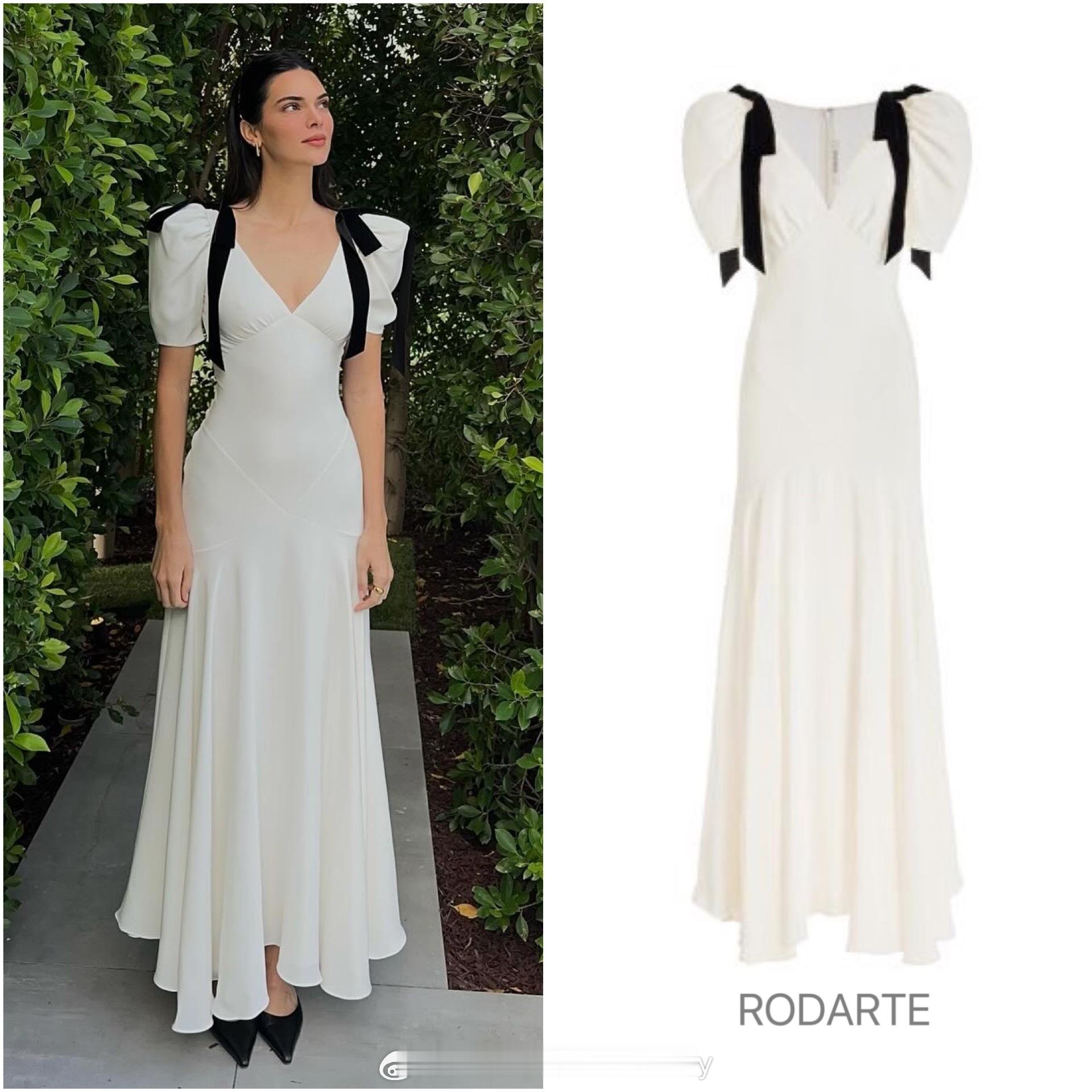 Kendall肯豆最新私服解析，白色真丝绉纱长款连衣裙搭配黑色高跟鞋，优雅大方又