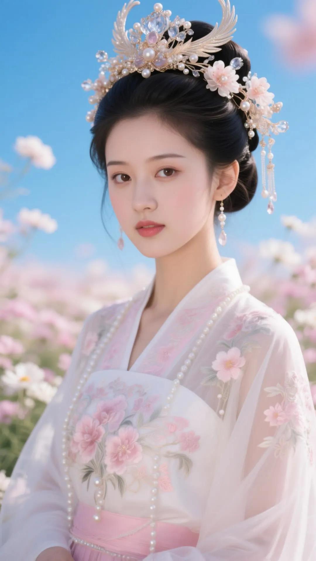“古风美人，花海中的仙子”🌸👗💎粉色轻纱汉服，蓝天与粉白花海 漂亮美女 清