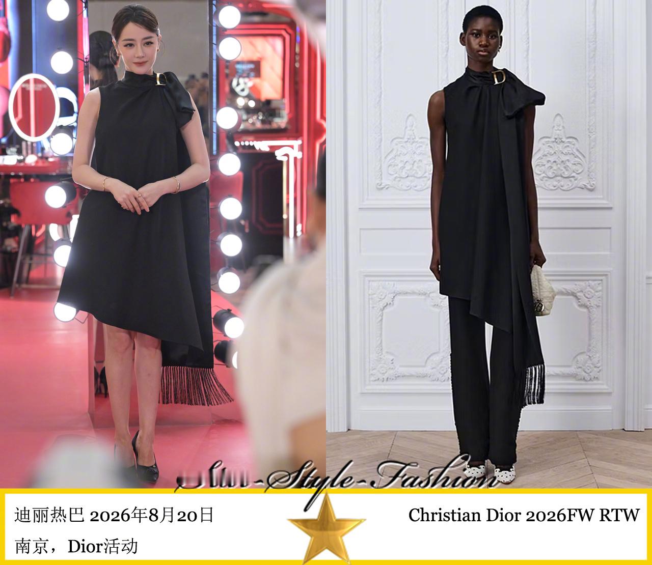 热巴身着dior2026秋冬系列长领巾无袖斜摆黑色连身中裙亮相。发型美好，感动中
