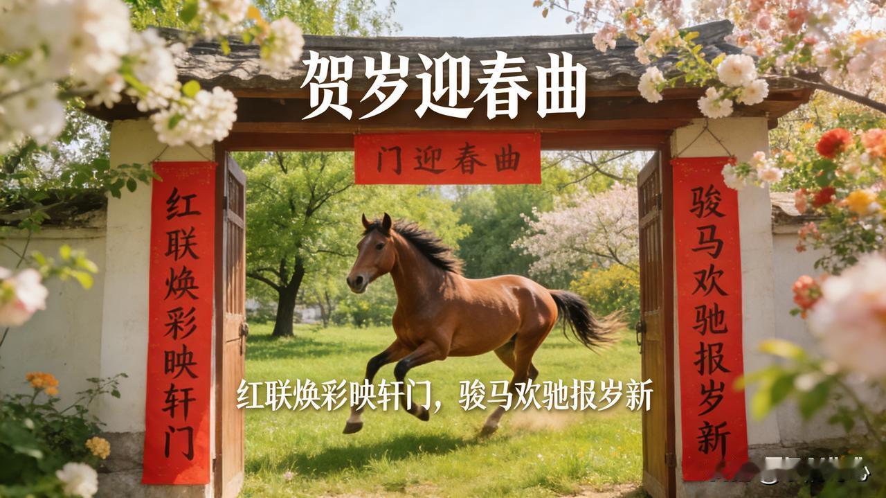 《贺岁迎春曲》乐韵诗心原创诗词:
红联焕彩映轩门，
骏马欢驰报岁新。
翠柳摇风姿