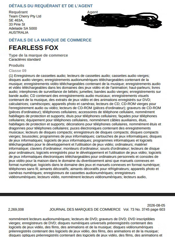 Team Cherry的“Fearless Fox from”商标再次出现，申请