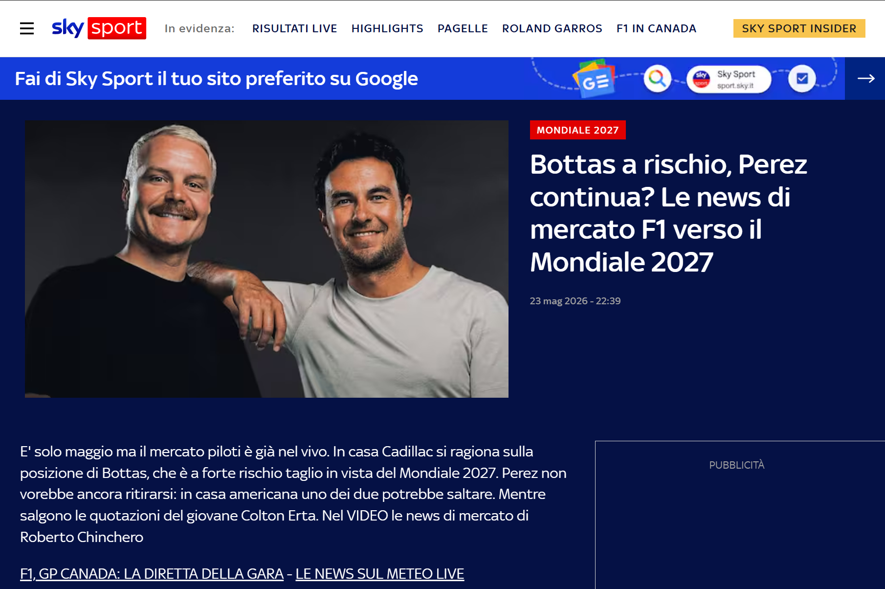 【据意大利天空体育报道，凯迪拉克F1车队正在讨论博塔斯的去留问题】虽然才五月，但