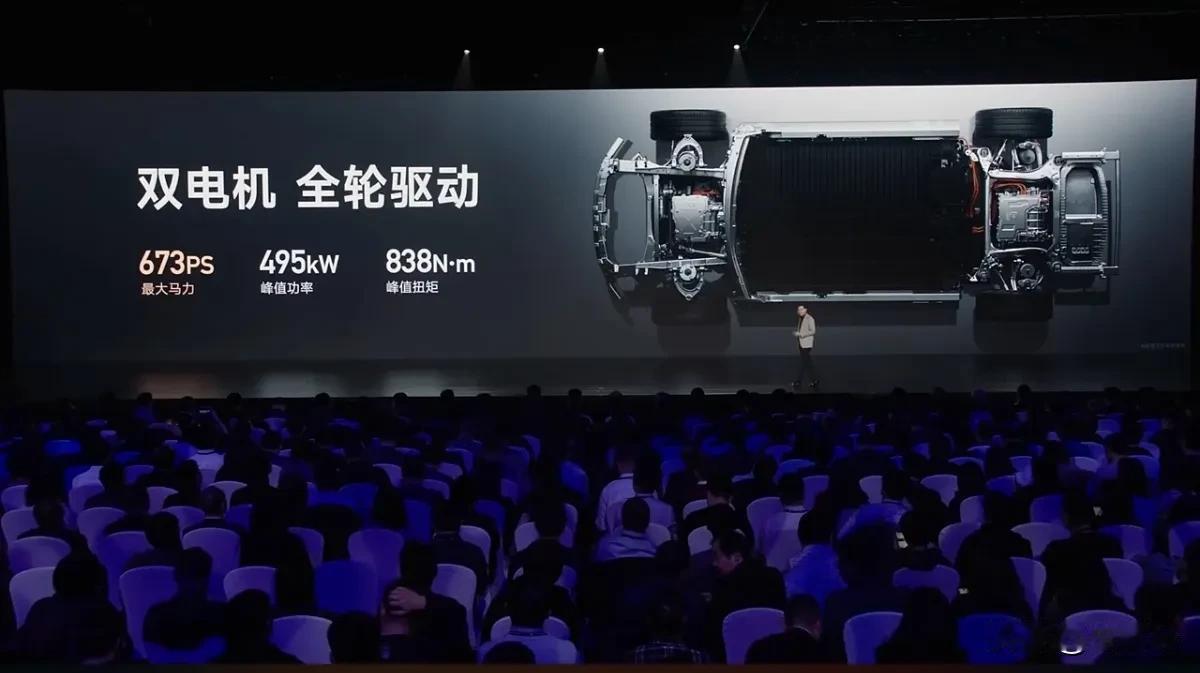 小米SU7 双电机版最大马力673ps，峰值功率485kW，最大扭矩838N.m