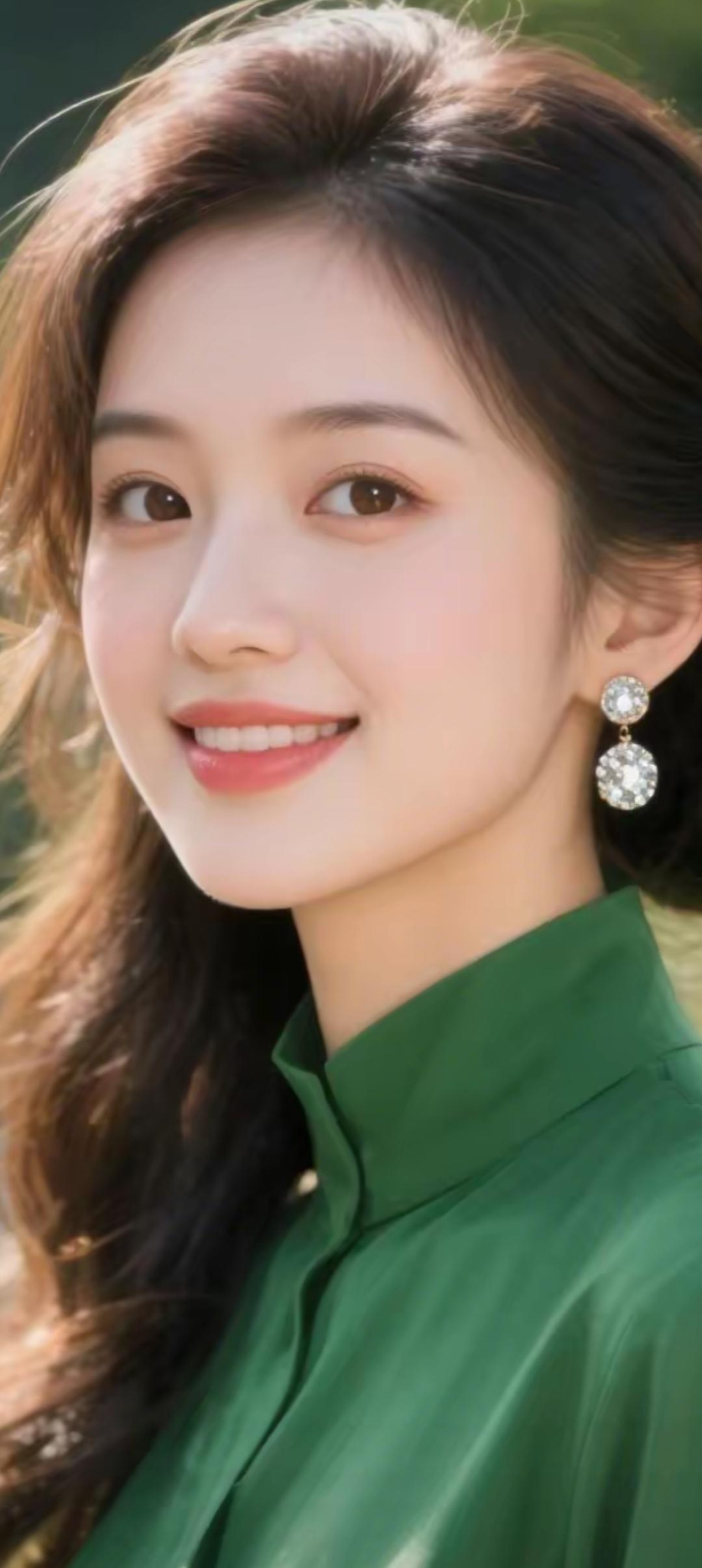 优雅绿衣少女，闪耀耳环点缀，阳光下的迷人微笑。