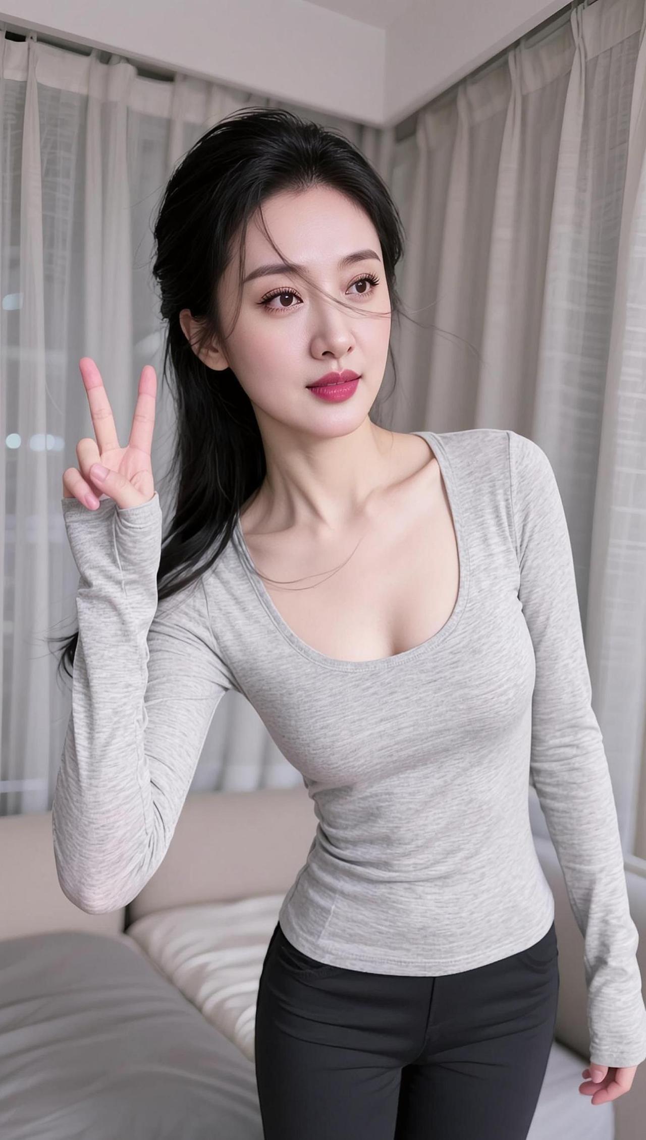 AI低胸自拍 抖音ai创作 裸妆 白衬衫搭配精致妆容 初恋脸