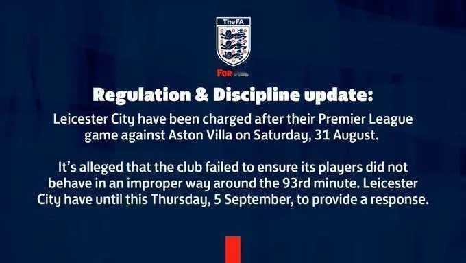 英足总官方消息，莱斯特城因为球员行为不当而遭到指控。英足总官方声明写道：“莱斯特
