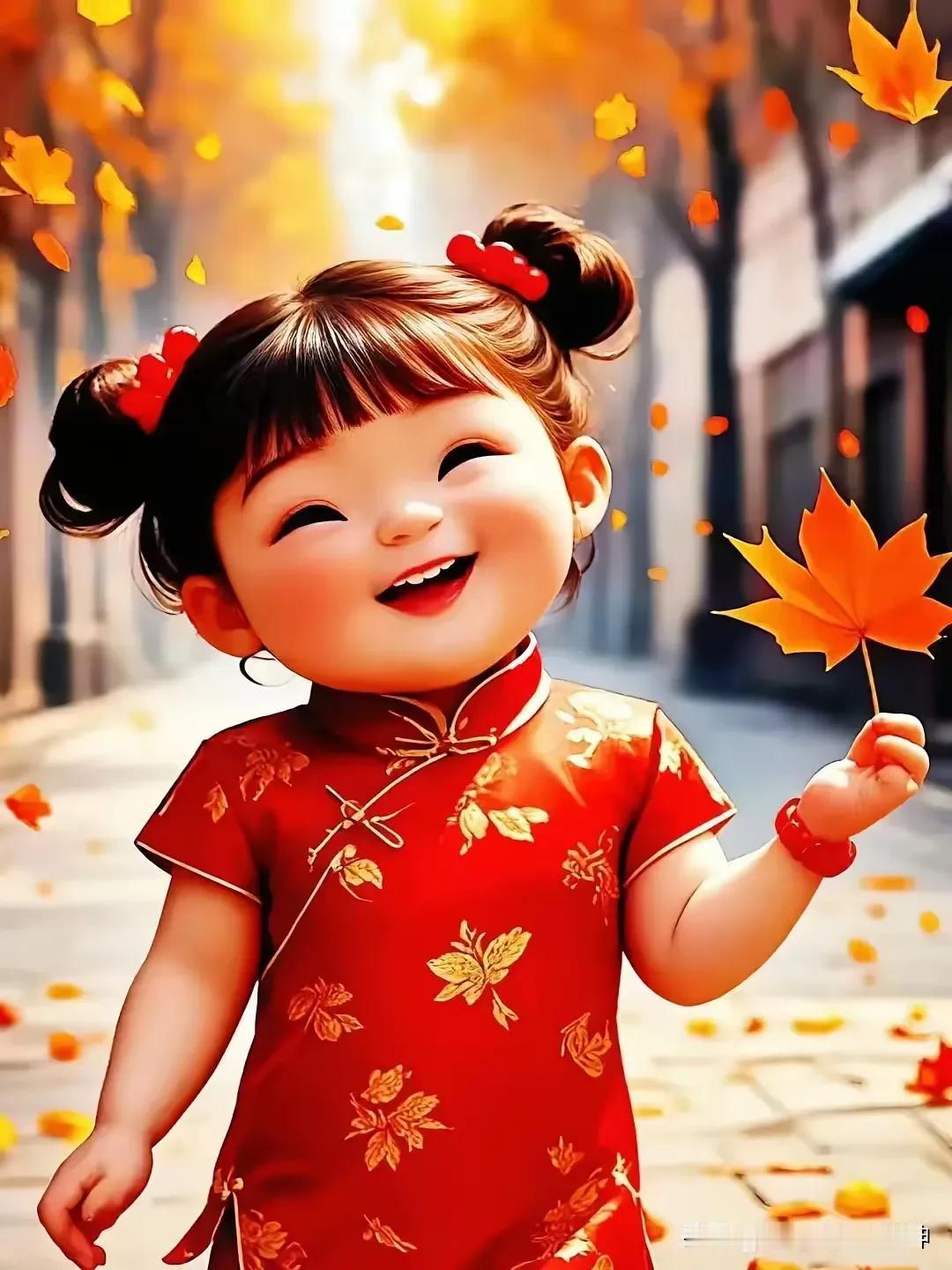 秋意浓浓，童趣盎然，小可爱在落叶中欢笑！🍂😊