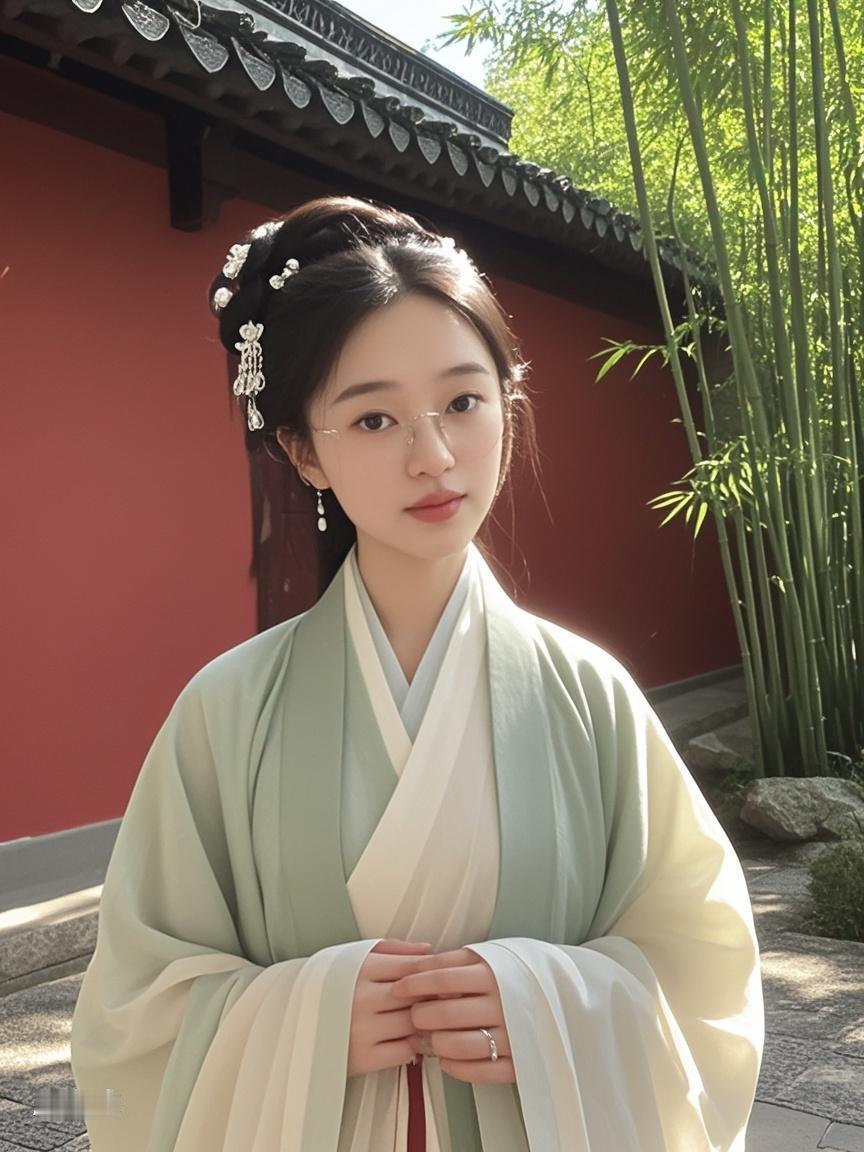 AI写真辑竹影婆娑，映在素色汉服上，像一幅流动的画。坐在这里发发呆，喝喝茶，聊聊