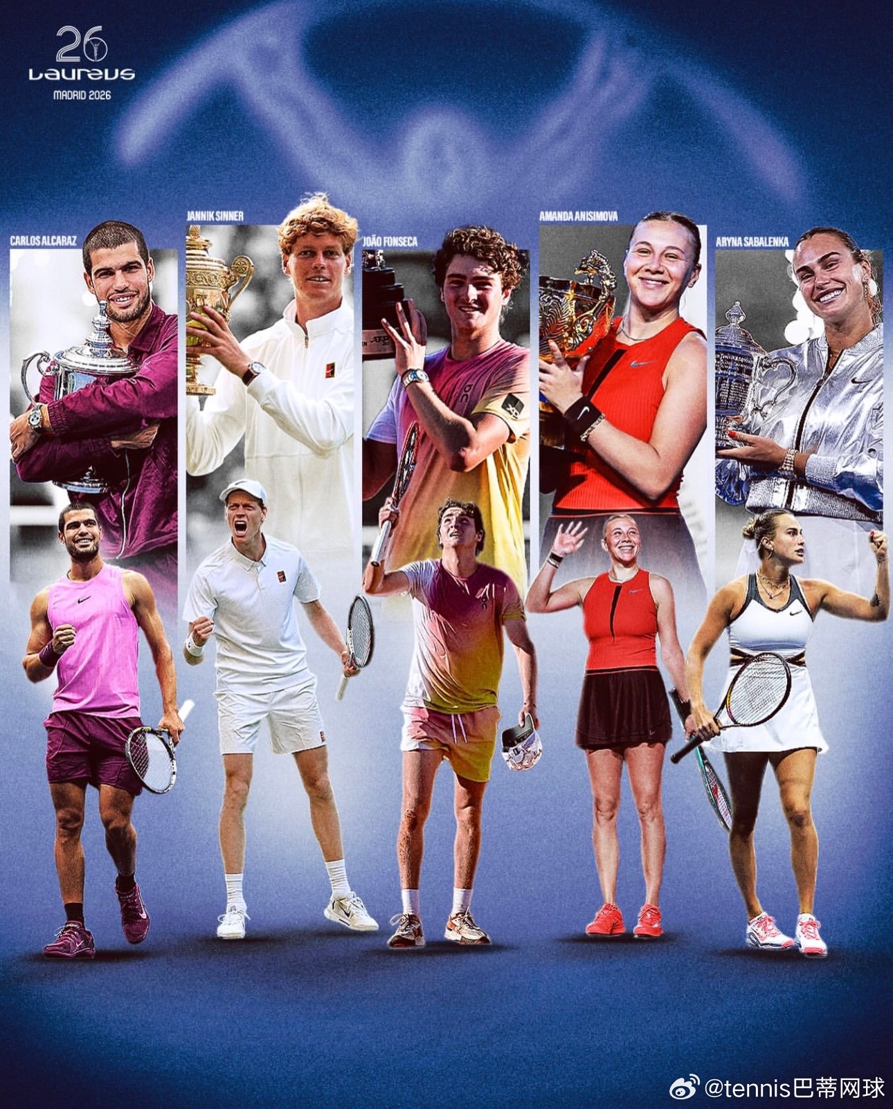 劳伦斯奖网球领域获得5项提名！阿尔卡拉斯- 劳伦斯年度世界运动员提名辛纳 - 劳