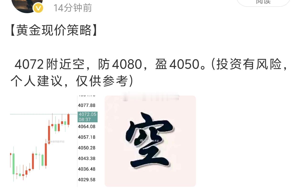 【黄金空单获利百点离场】黄金4072附近进空，行情回落再次获利离场，目前行情震荡