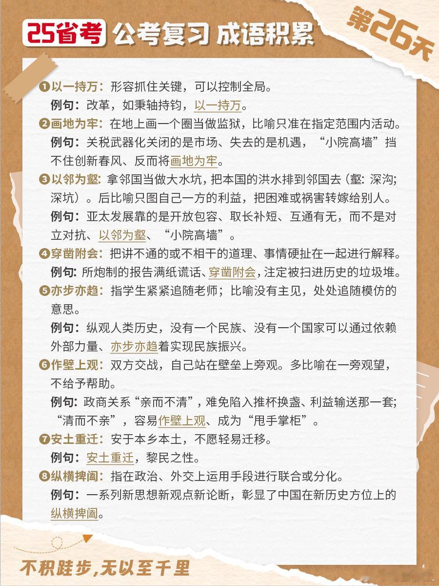 25省考成语积累第二十六天以一持万 画地为牢 以邻为壑 穿凿附会 亦步亦趋 作壁