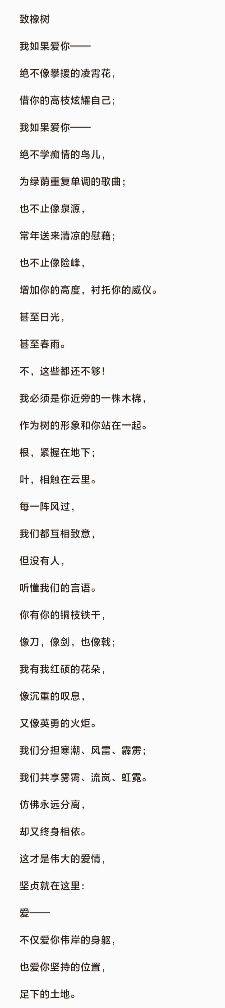 大概五十年前，舒婷写下这首《致橡树》，如今有多少女人能做到像诗里写的木棉一样？又