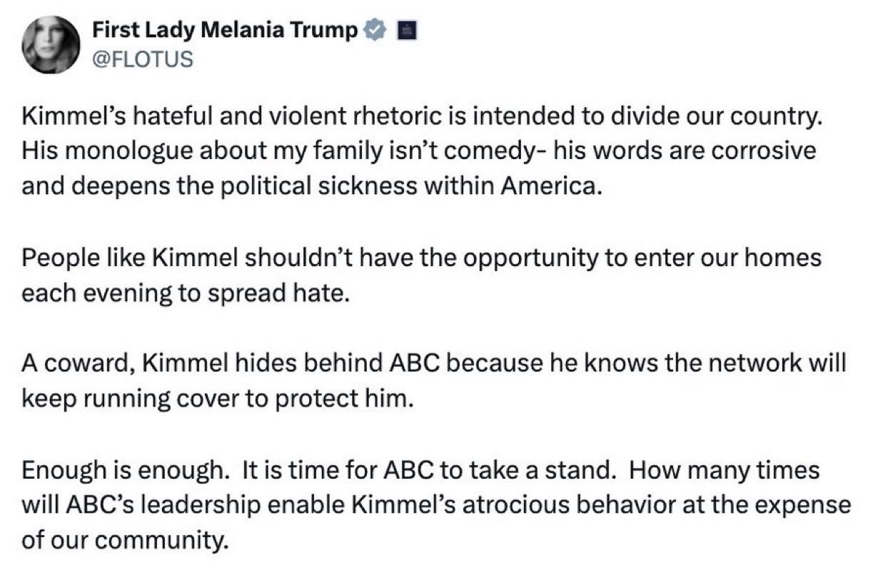 美国第一夫人梅拉尼娅·特朗普抨击吉米·金梅尔Jimmy Kimmel的“仇恨和暴