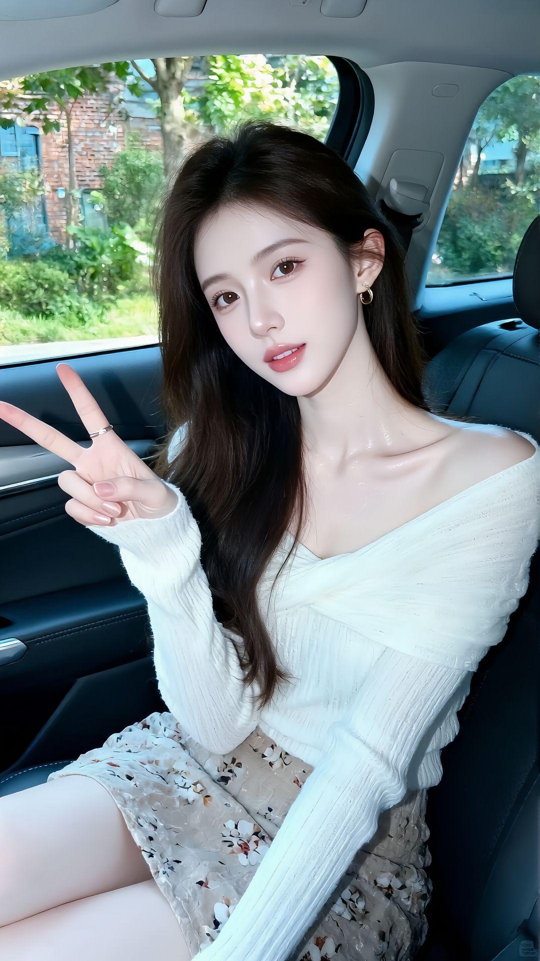 车内自拍比个V字，真的能让心情瞬间变得元气满满！就像喻言，她在社交平台晒出的车内