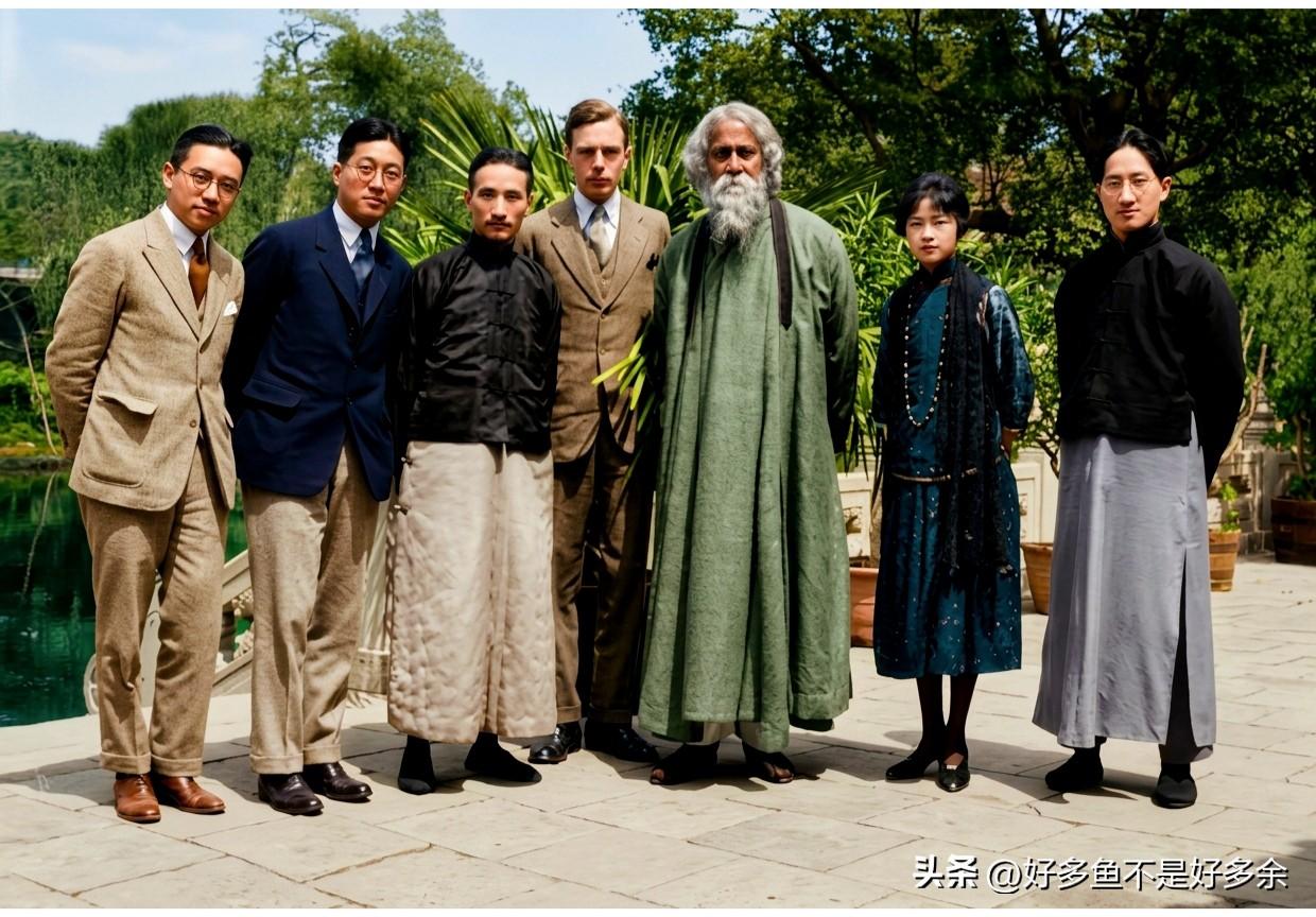 一九二四年，一众民国文化精英与泰戈尔及其秘书恩厚之在北京园林中的珍贵合影。大伙儿