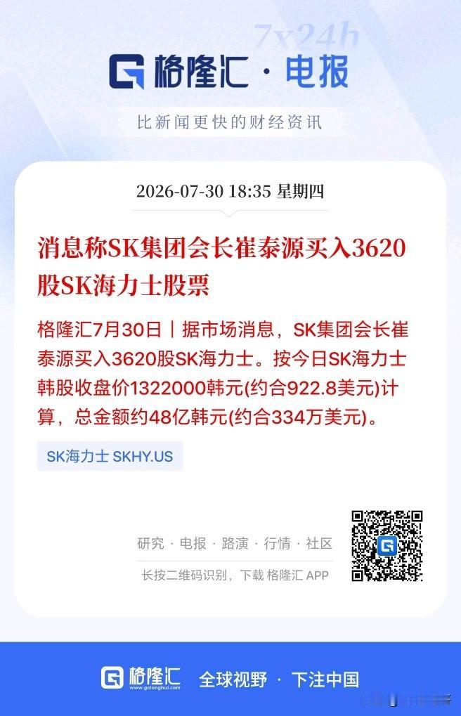 崔会长终于自己动手开始增持SK海力士了，而且买了不少！韩股应该有望企稳吧？

刚