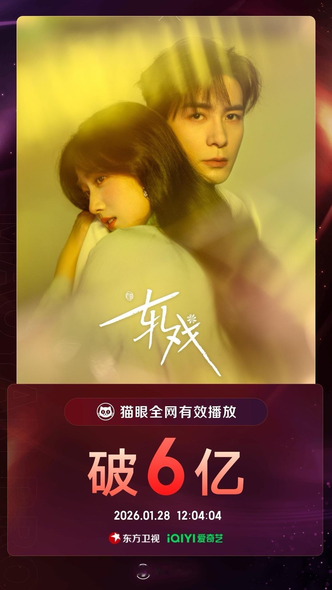 轧戏有效播放量破6亿 据猫眼专业版数据，领衔主演电视剧《轧戏》收官热度不减，有效